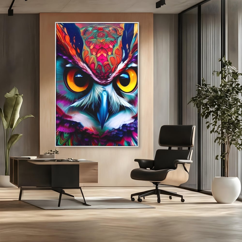 Tablou canvas cu portret digital de bufnita colorata, in rama de aluminiu argintiu, pe perete intr-un birou
